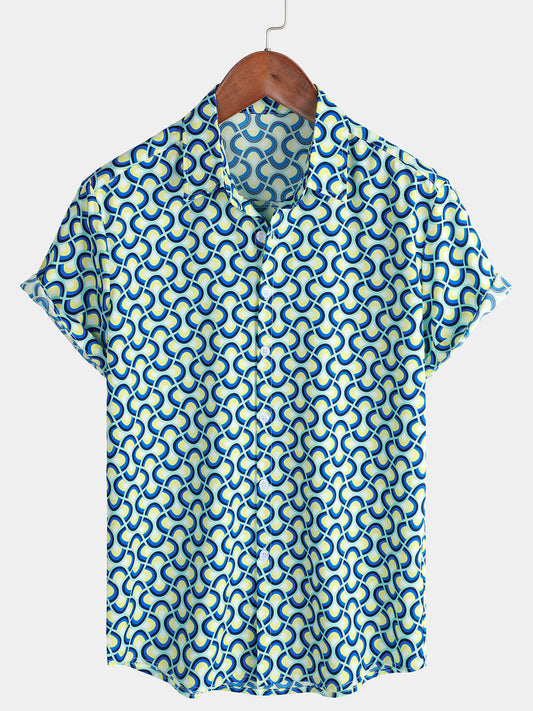Men's Casual Holiday Geometrie Summer Short Sleeve Blue Button Up Shirt