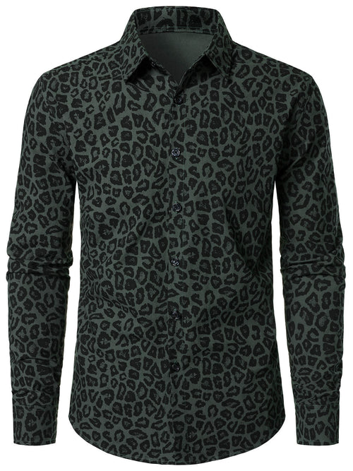 Men's Green Leopard Cotton Long Sleeve Shirt