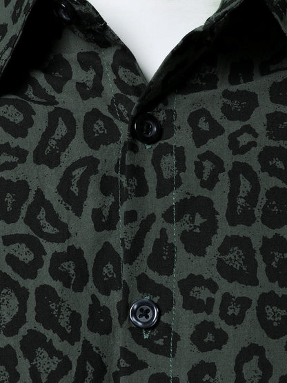 Men's Green Leopard Cotton Long Sleeve Shirt