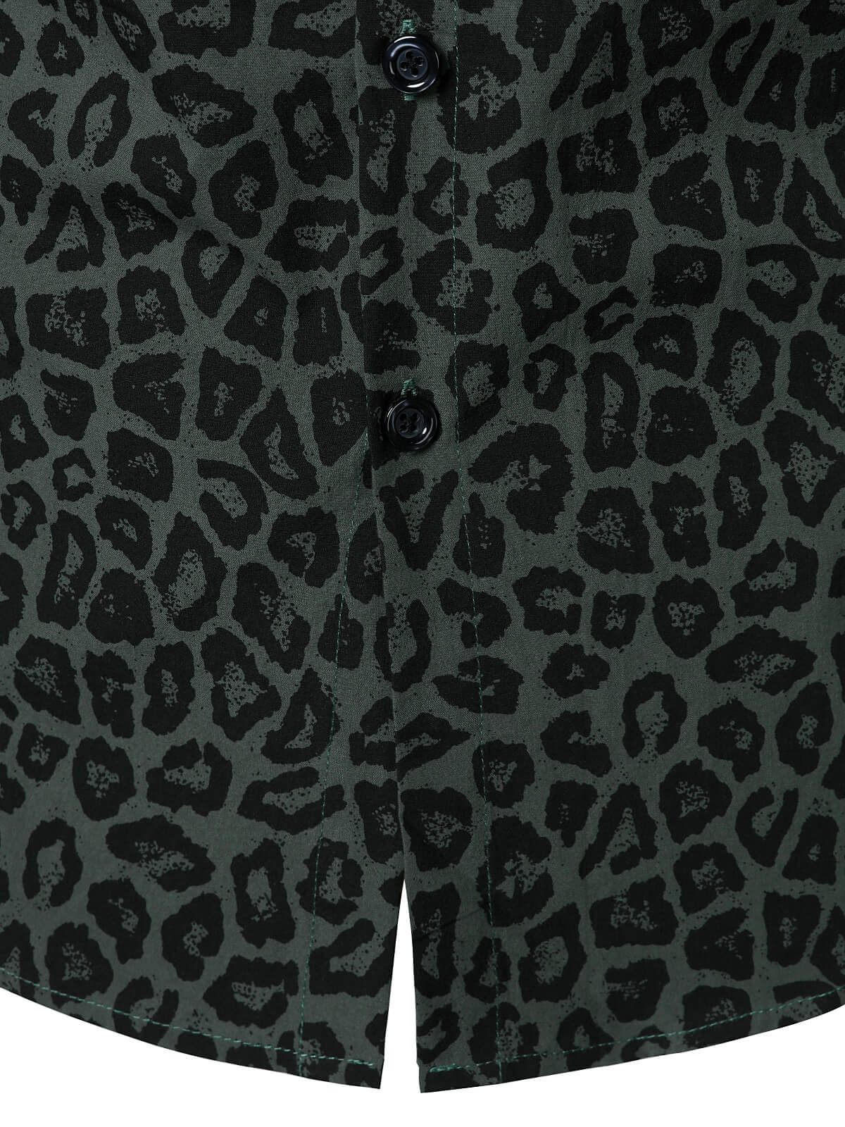 Men's Green Leopard Cotton Long Sleeve Shirt