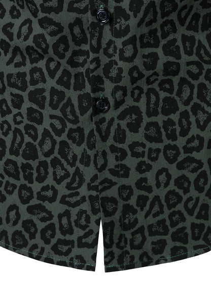 Men's Green Leopard Cotton Long Sleeve Shirt