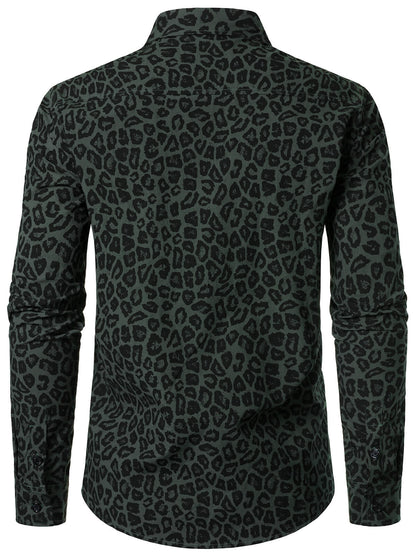 Men's Green Leopard Cotton Long Sleeve Shirt