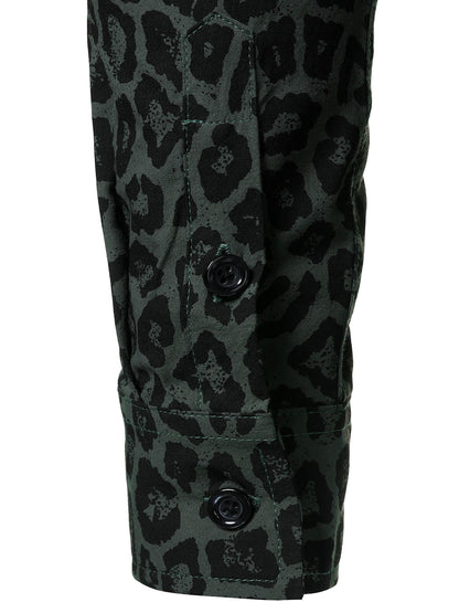 Men's Green Leopard Cotton Long Sleeve Shirt