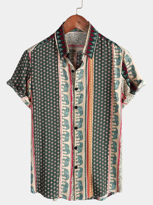 Men's Striped Elephant Print Retro Button Up Green Top Short Sleeve Shirt