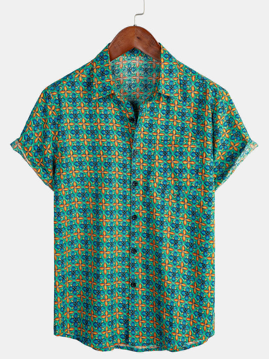 Men's Floral Vintage Short Sleeve Leisure Cotton Button Up Shirt