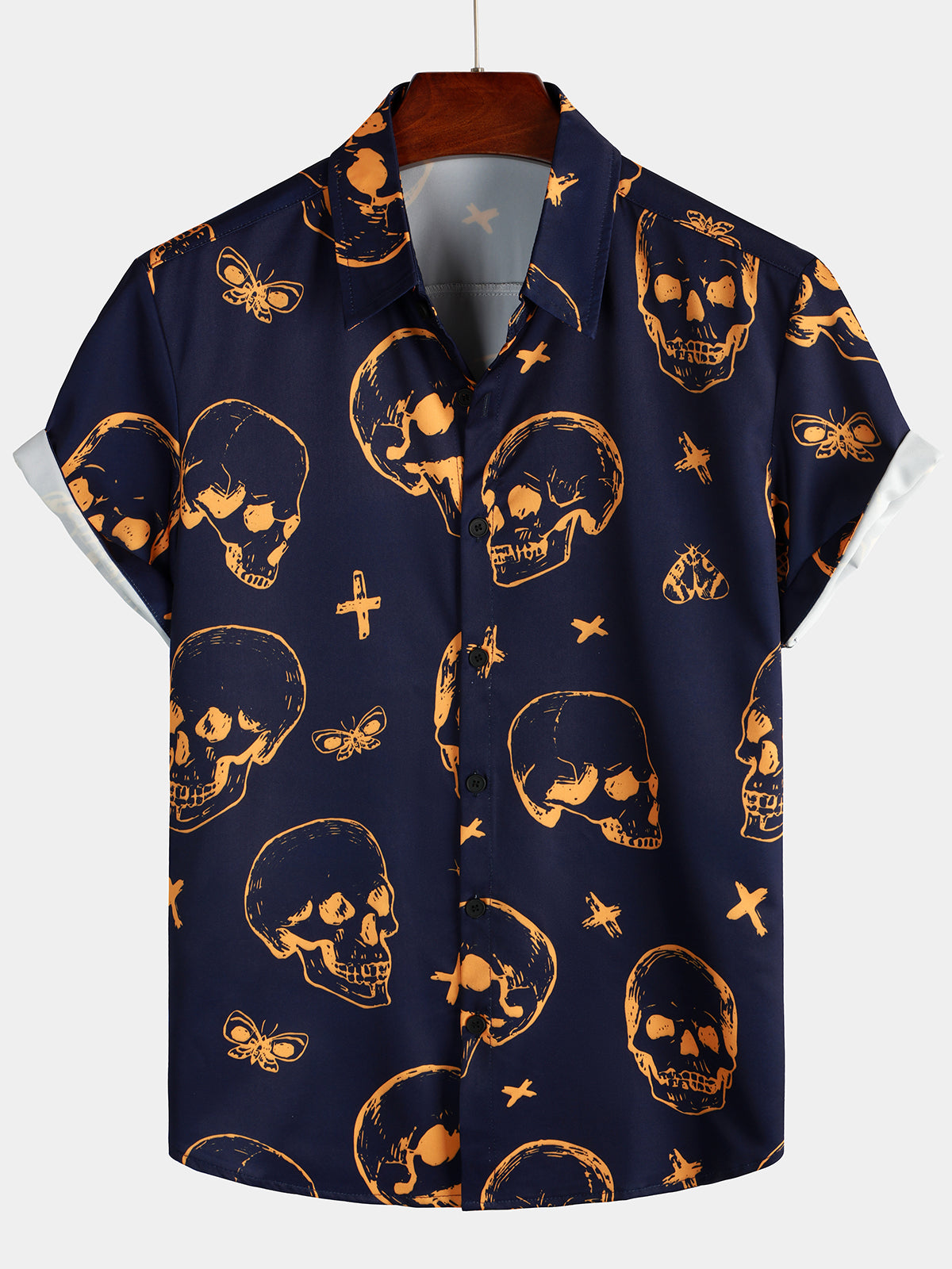 Men's Orange Skull Print Art Graphic Button up Short Sleeve Aloha Hawaiian Shirt