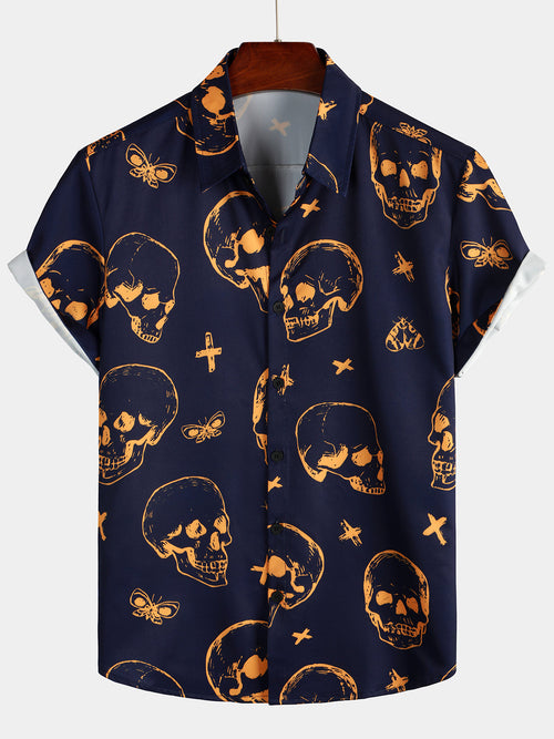 Men's Orange Skull Print Art Graphic Button up Short Sleeve Aloha Hawaiian Shirt