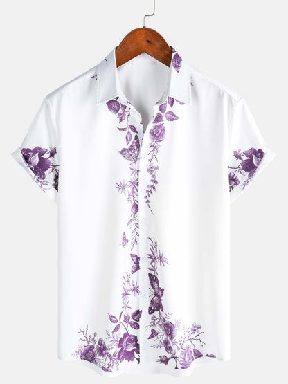 Men's Blue Floral Print Hawaiian Button Up Summer Beach Casual Collar Short Sleeve Shirt