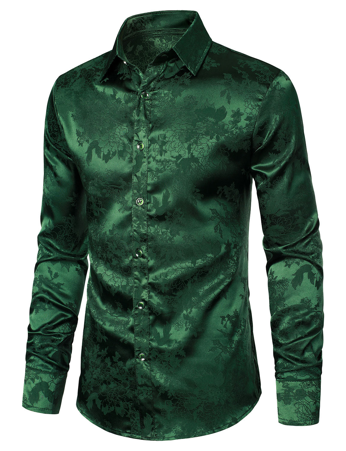 Men's Casual Shiny Satin Floral Jacquard Green Long Sleeve Button Up Dress Shirt