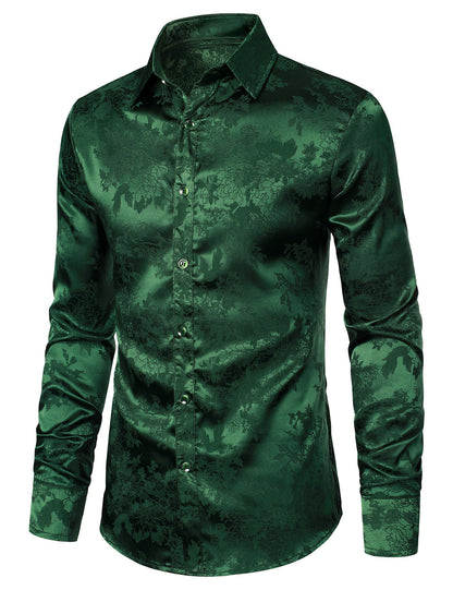 Men's Casual Shiny Satin Floral Jacquard Green Long Sleeve Button Up Dress Shirt