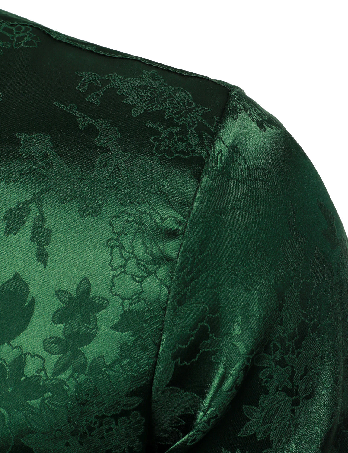 Men's Casual Shiny Satin Floral Jacquard Green Long Sleeve Button Up Dress Shirt