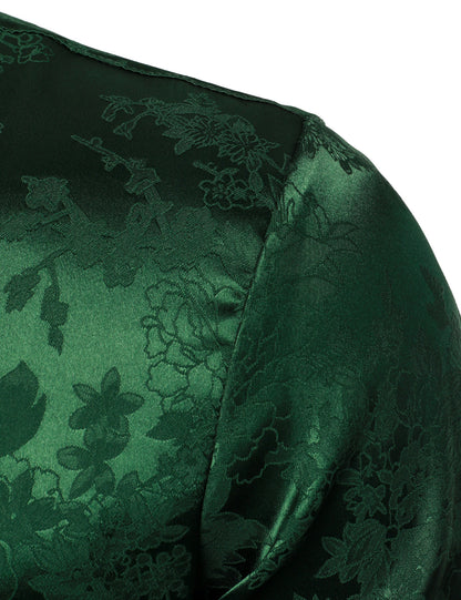 Men's Casual Shiny Satin Floral Jacquard Green Long Sleeve Button Up Dress Shirt
