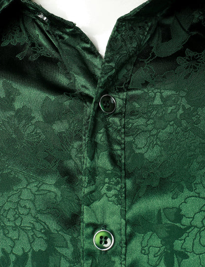 Men's Casual Shiny Satin Floral Jacquard Green Long Sleeve Button Up Dress Shirt