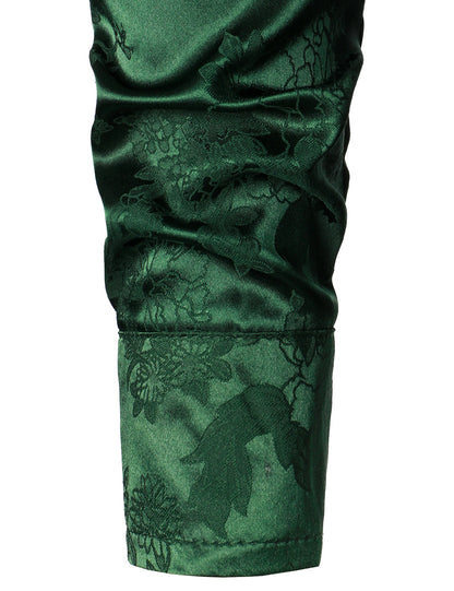 Men's Casual Shiny Satin Floral Jacquard Green Long Sleeve Button Up Dress Shirt