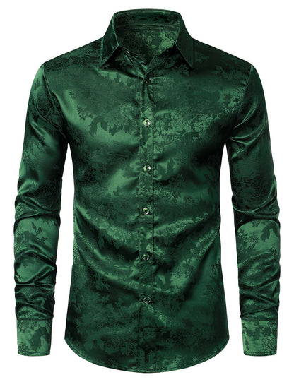 Men's Casual Shiny Satin Floral Jacquard Green Long Sleeve Button Up Dress Shirt
