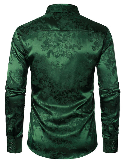 Men's Casual Shiny Satin Floral Jacquard Green Long Sleeve Button Up Dress Shirt