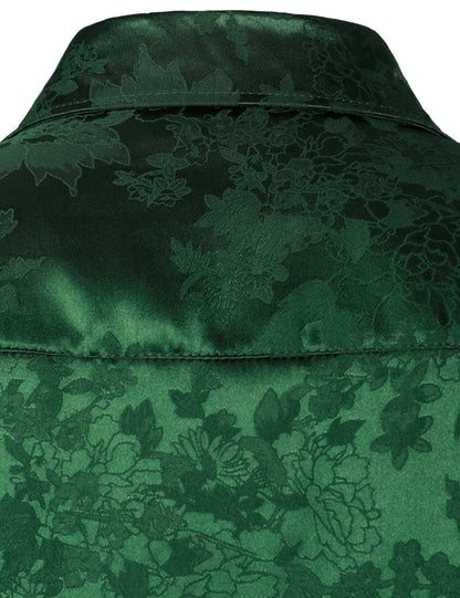 Men's Casual Shiny Satin Floral Jacquard Green Long Sleeve Button Up Dress Shirt