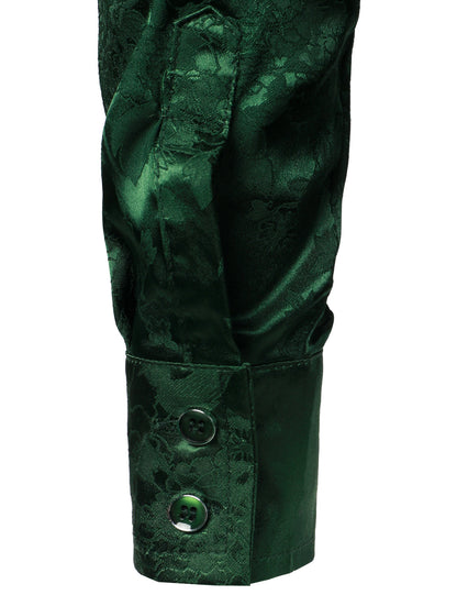 Men's Casual Shiny Satin Floral Jacquard Green Long Sleeve Button Up Dress Shirt
