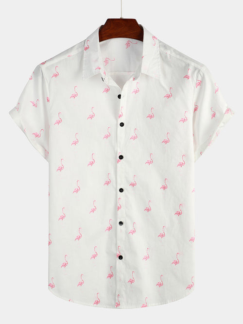 Men's Pink Flamingo Print Short Sleeve Button Up Shirt