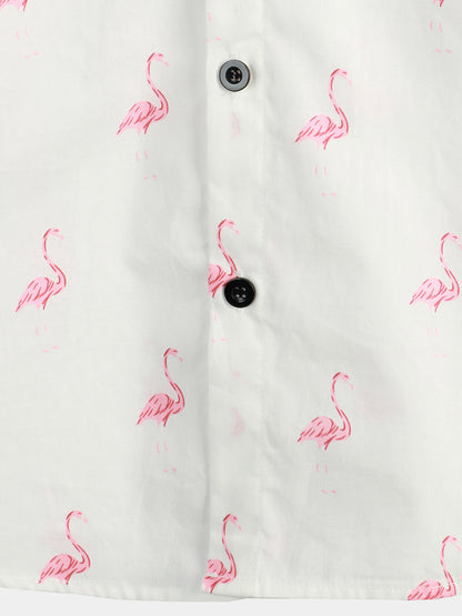 Men's Pink Flamingo Print Short Sleeve Button Up Shirt