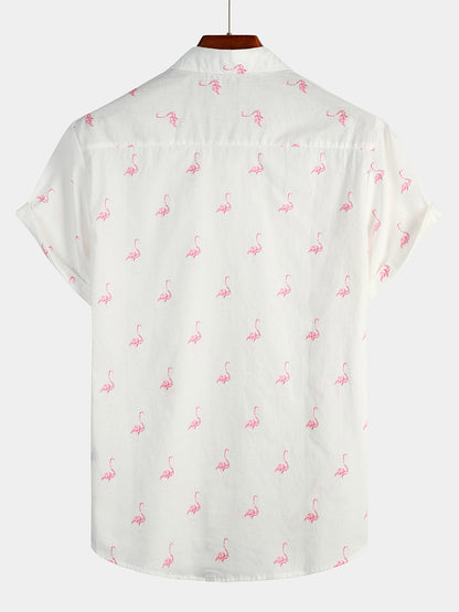 Men's Pink Flamingo Print Short Sleeve Button Up Shirt