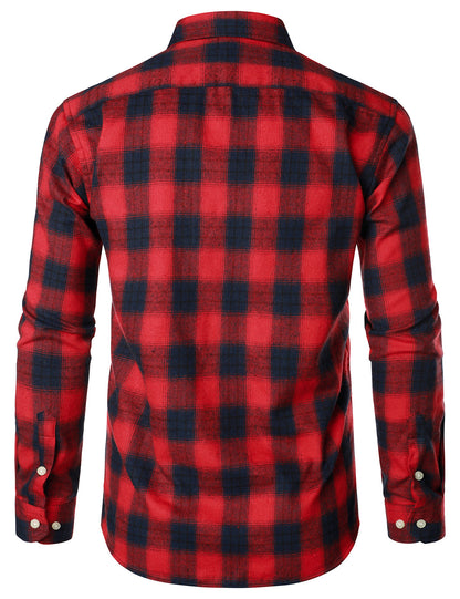 Men's Casual Plaid Double Pocket Flannel Checkered Button Up Long Sleeve Shirt