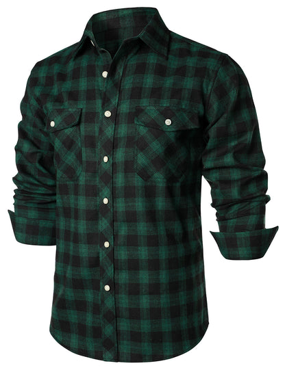 Men's Casual Plaid Double Pocket Flannel Checkered Button Up Long Sleeve Shirt