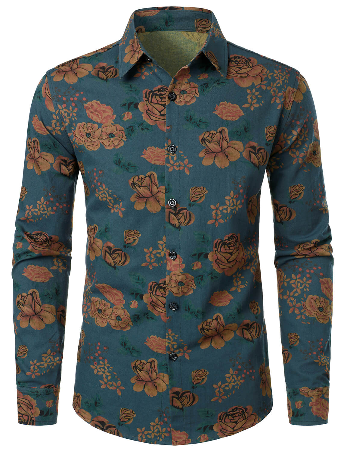 Men's Vintage Floral Blue Long Sleeve Button Up Shirt
