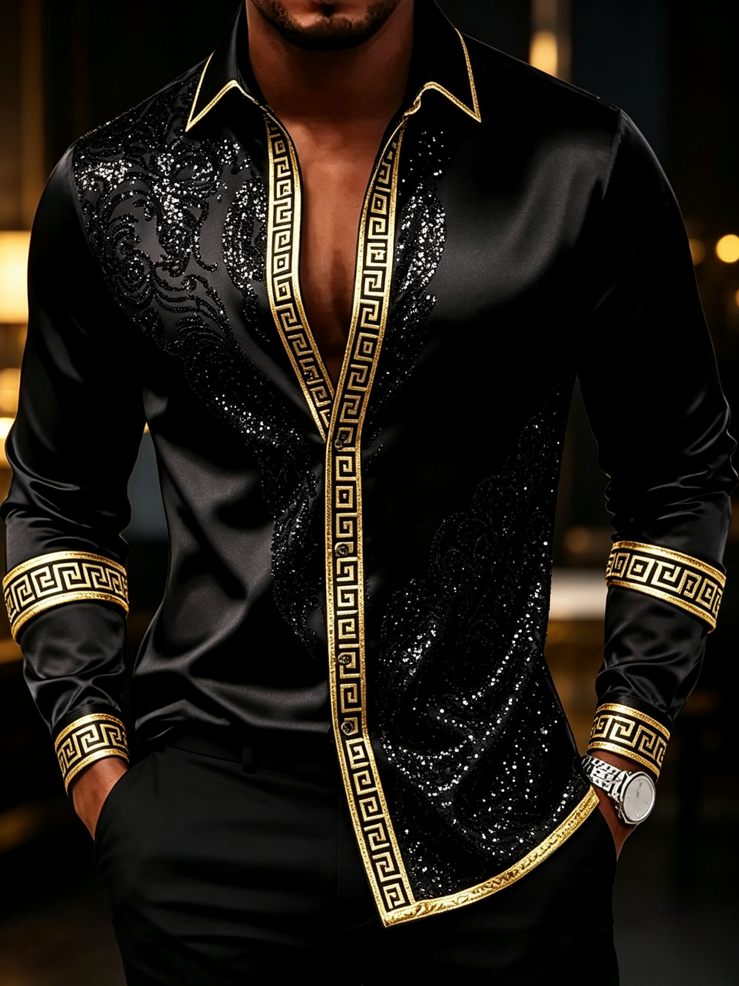 Men's Slim Party Long-Sleeve Shirt Black Sequin Gold Border