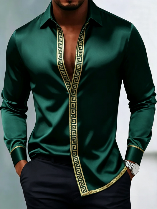 Men's Green Satin Long-Sleeve Shirt