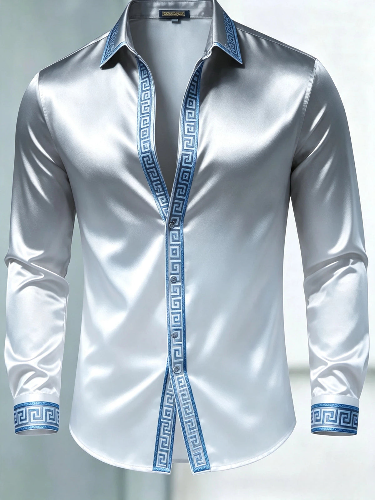 Men's Luxury Glossy Satin Long Sleeve Gradient Silver White Dress Shirt