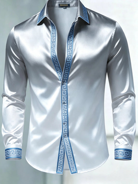 Men's Luxury Glossy Satin Long Sleeve Gradient Silver White Dress Shirt
