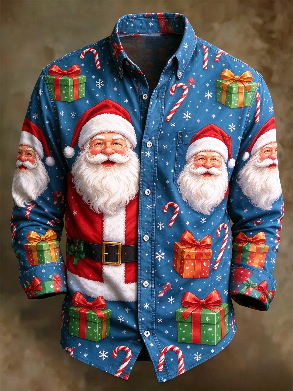 Men's Santa Claus Christmas Print Long Sleeve Button Up Holiday Shirt