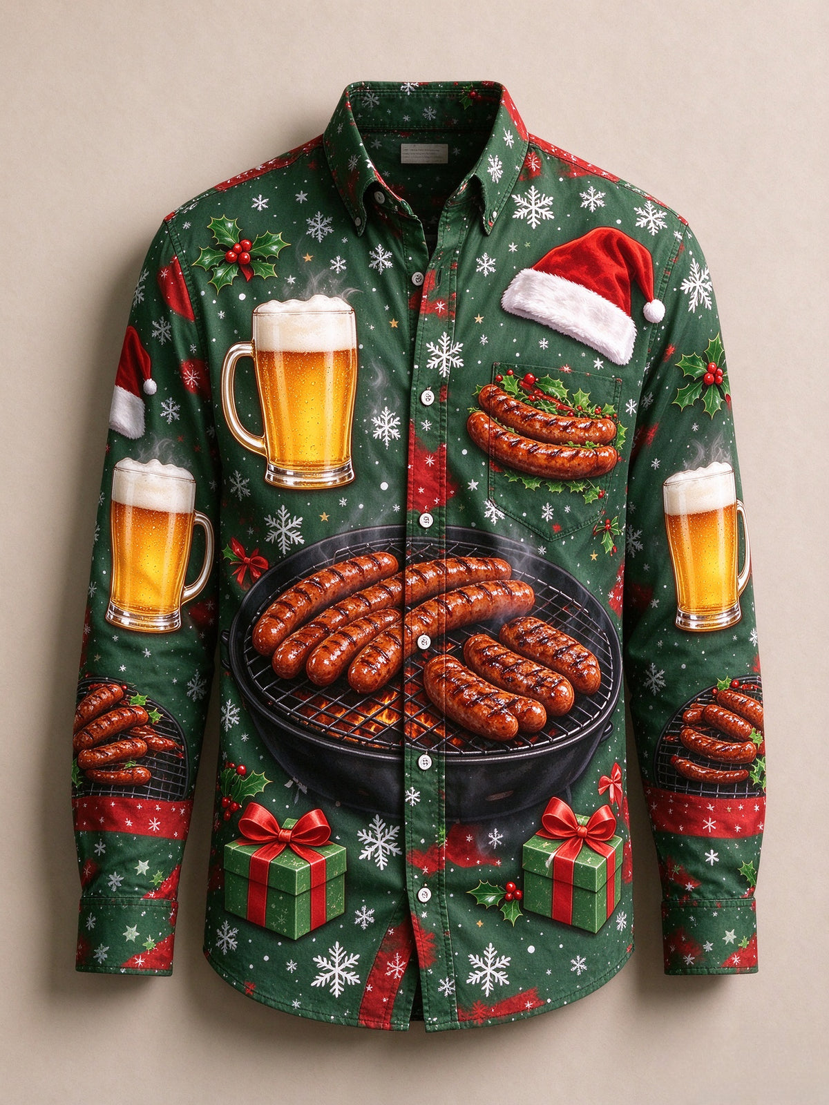 Men's Christmas Beer & BBQ Sausage Long Sleeve Button Up Holiday Shirt
