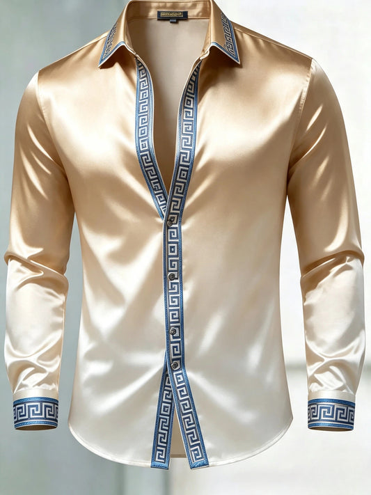 Men's Luxury Glossy Satin Long Sleeve Gradient Gold Dress Shirt