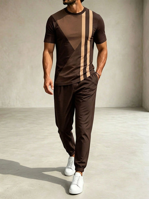Men's Casual Coffee & Khaki Color Matching Printed Round Neck T-Shirt & Pants Two-Piece Set