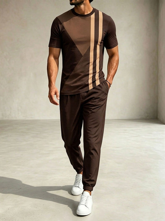 Men's Casual Coffee & Khaki Color Matching Printed Round Neck T-Shirt & Pants Two-Piece Set