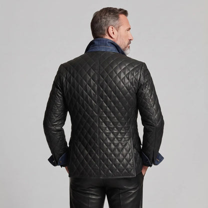 Men's Black Double-Breasted Denim Contrast Peak Lapel Quilted PU Leather Blazer