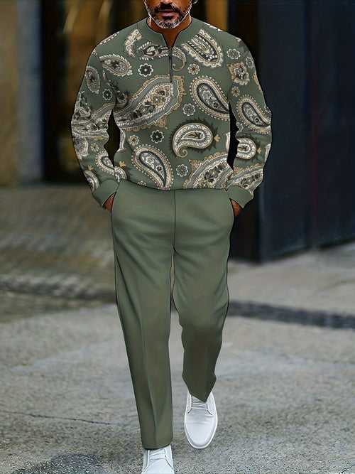 Men's Casual Color Matching Printed Round-Neck Zipper Long Sleeved Trousers Two-Piece Set