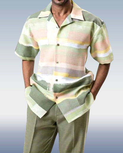 Textured Two-Piece Short Sleeve Printed Walking Pants