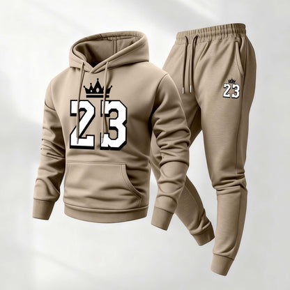 Men's Retro Basketball 23 King Patterned Hoodie And Drawstring Track Pants Set, Men's Casual Athletic Long-Sleeved Hooded Jacket And Pants, Suitable For Fall And Winter, Street Style Hoodie Set, Everyday Wear, Indoor And Outdoor Sportswear