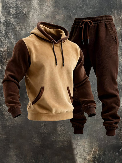Men's Retro Stitching Contrast Color Hooded Casual Sweatshirt Suit