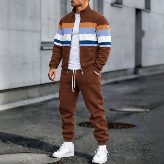 Men's Striped Stand-Collar Jacket and Pants Set