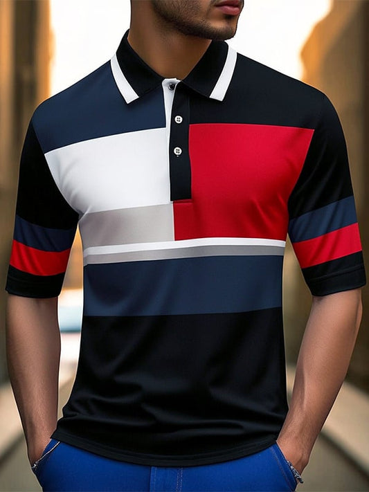 Men's Business Stripe Logo Button-Down Short Sleeve Polo Shirt