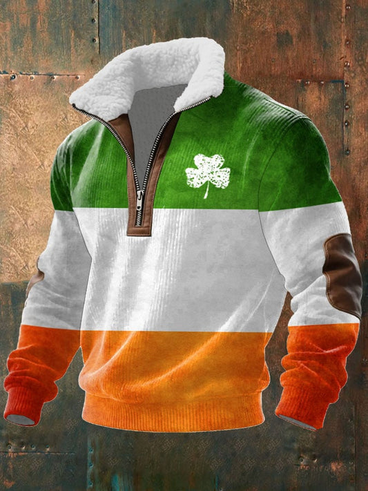 Men's Vintage St. Patrick's Day Print Long-Sleeved Sweatshirt With Fur Collar