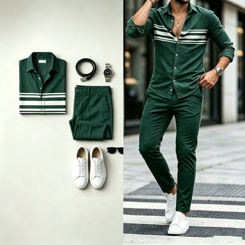 Men's Green Printed Long-Sleeve Shirt and Pants Set