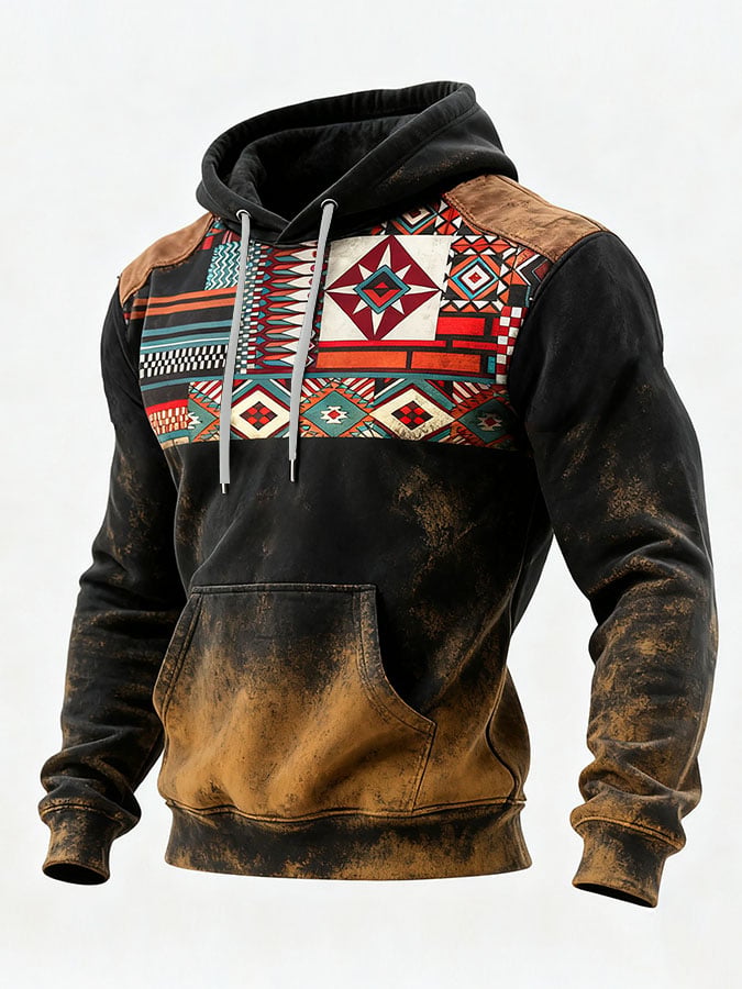 Men's Casual Retro Print Long Sleeve Hooded Sweatshirt