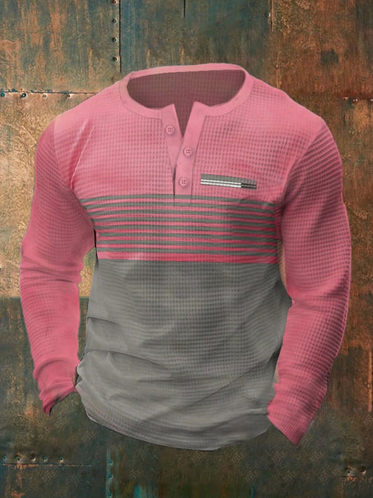 Men's Vintage Waffle Color Patch Henley Neck T-Shirt