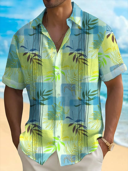 Men's Hawaiian Leaf Print Short Sleeve Pockets Shirt