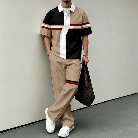 Men's Color-Blocked Short-Sleeve Polo Shirt and Pants Set